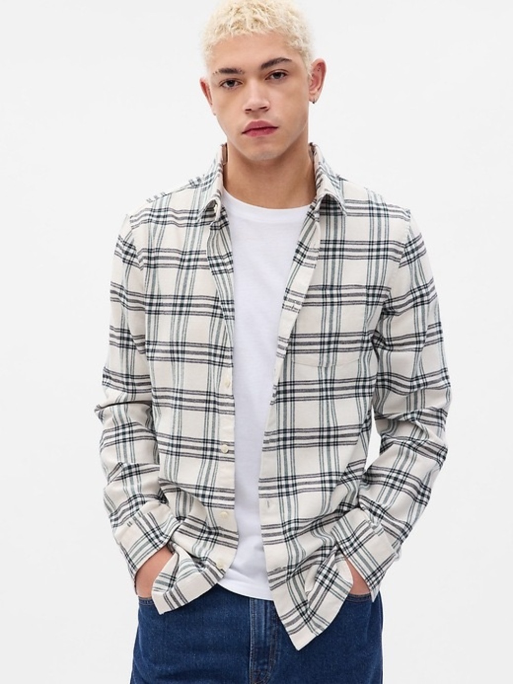 Gap Organic Cotton Plaid Flannel Button Down Shirt Ecru Navy Forest Green
